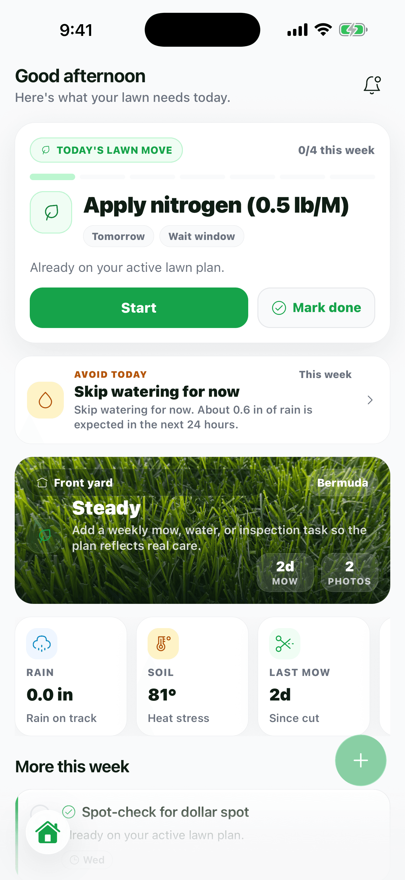 What Grass Is This? iOS home screen showing soil temperature and weekly tasks