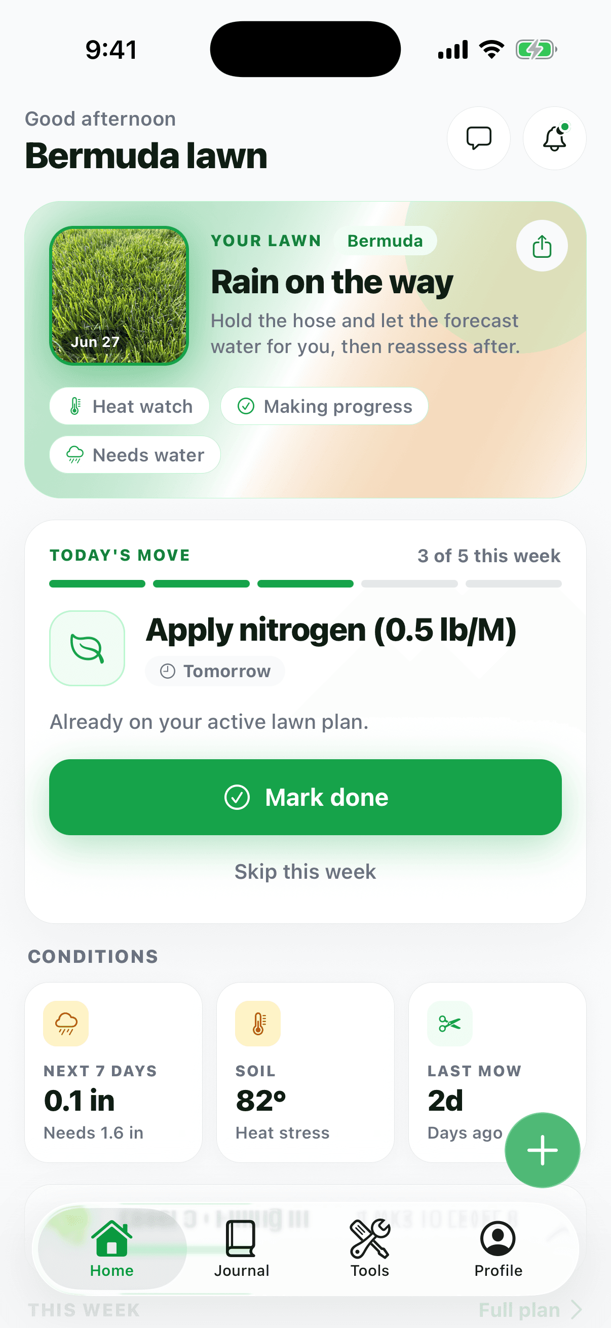 What Grass Is This iOS home screen showing today's lawn task, soil temperature and weekly progress