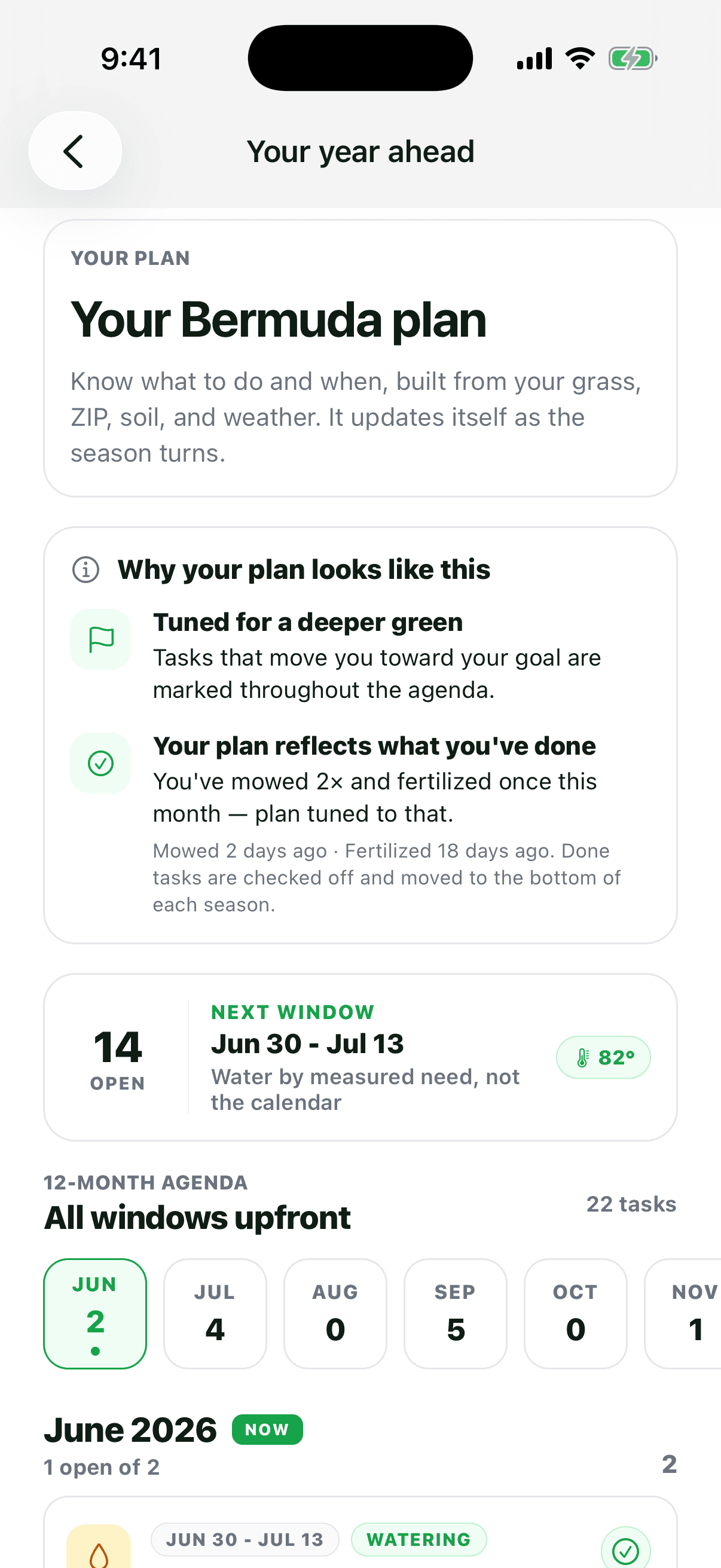 Year-ahead lawn plan screen showing seasonal programs