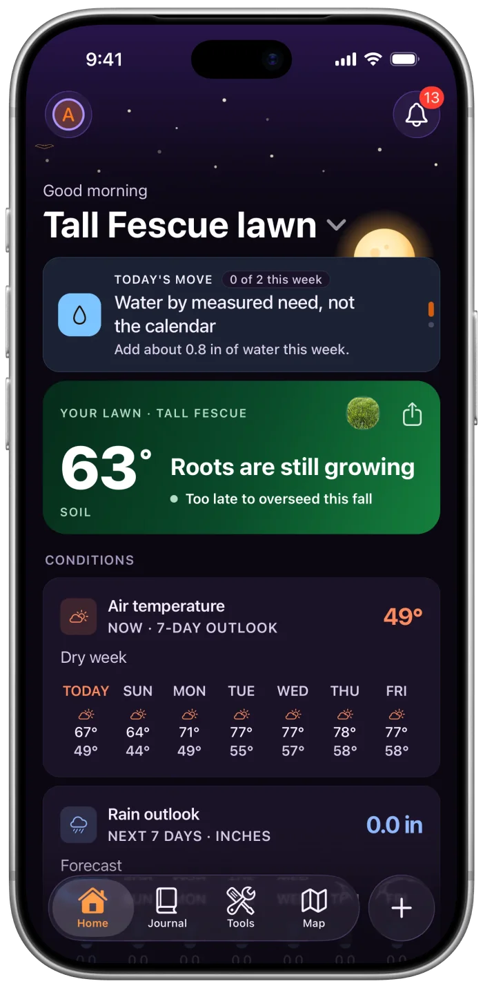 Home screen with the lawn's name, today's move, and soil temperature
