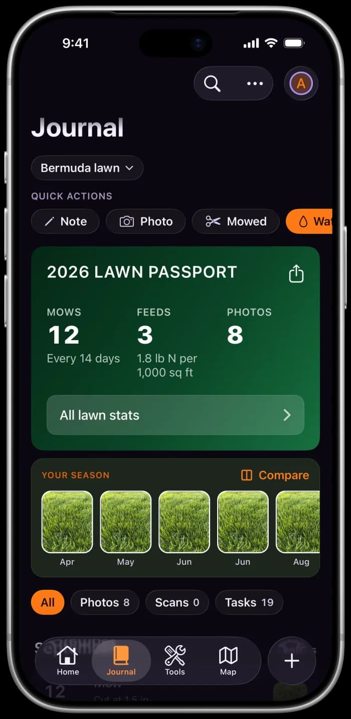 Lawn journal with this season's Lawn Passport: mows, feeds, and photos