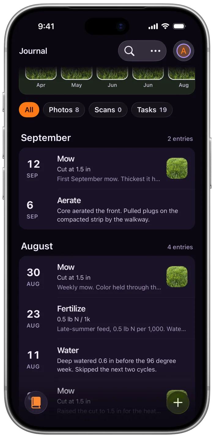 Journal entries for September and August, two with lawn photos