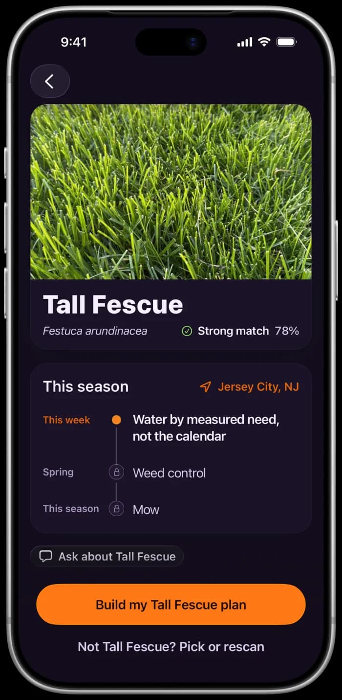 Grass ID result showing the grass type, how sure the app is, and this season's tasks