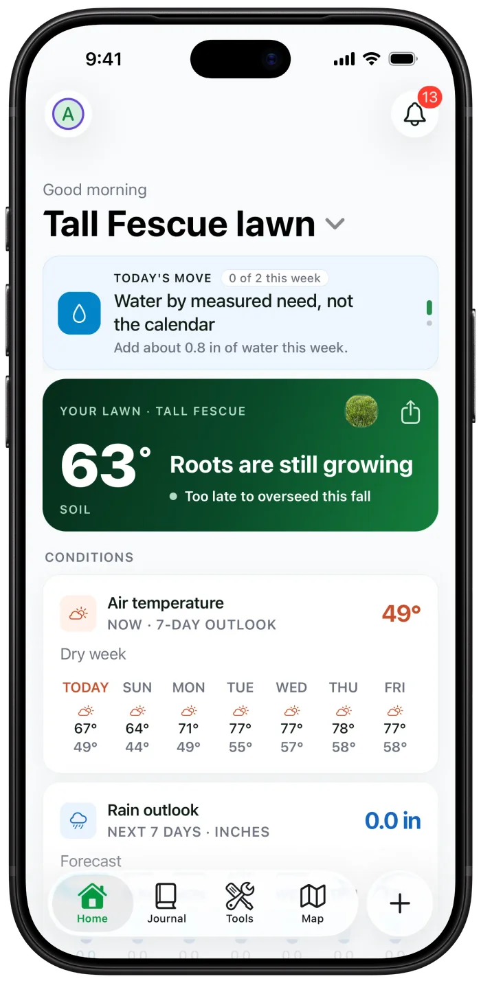 Home screen with the lawn's name, today's move, and soil temperature