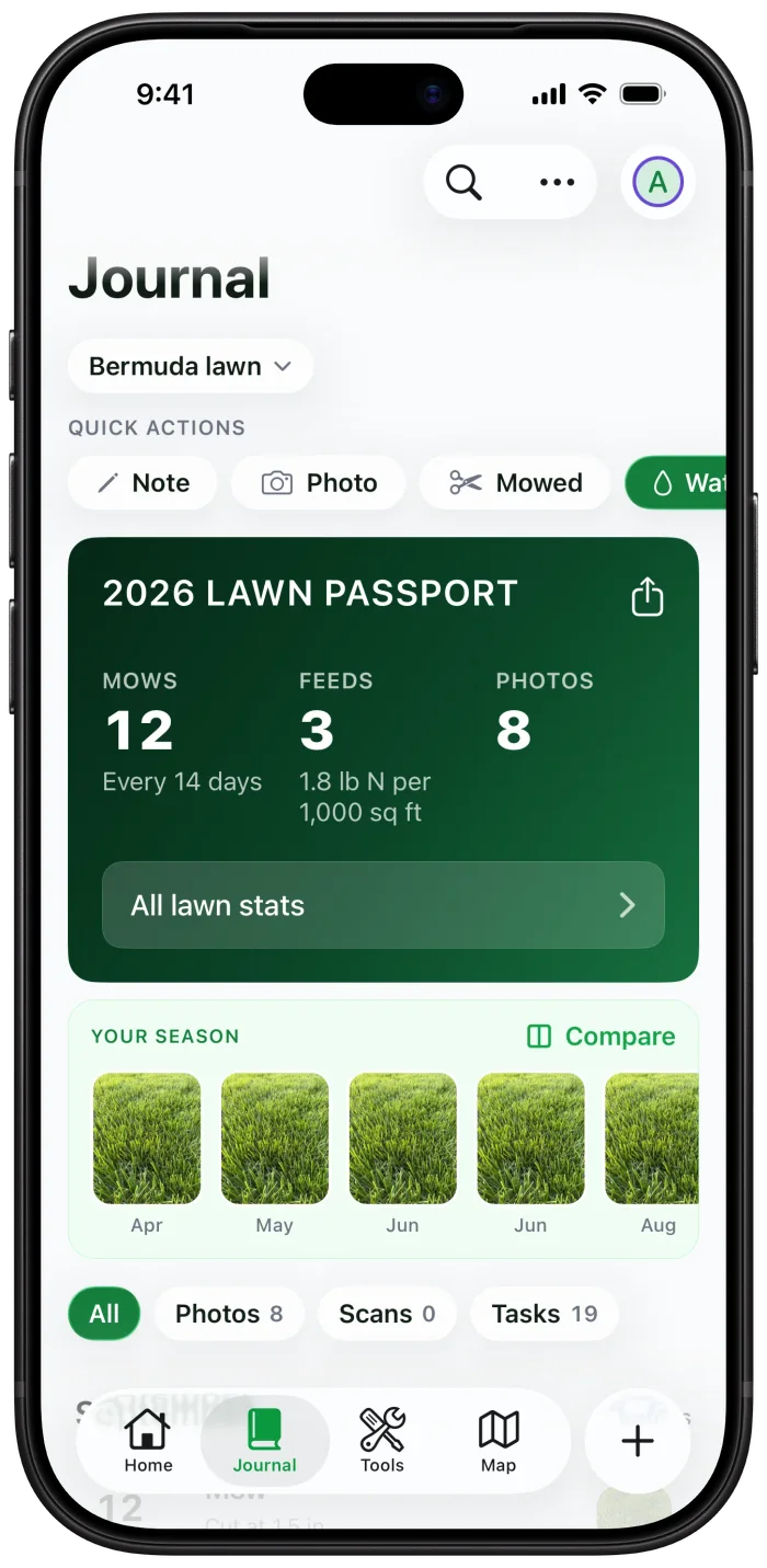 Lawn journal with this season's Lawn Passport: mows, feeds, and photos