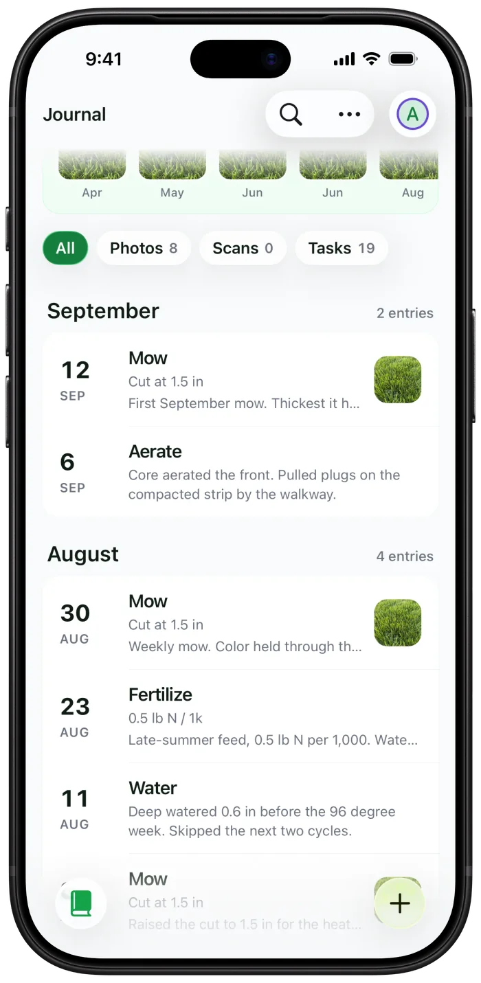 Journal entries for September and August, two with lawn photos