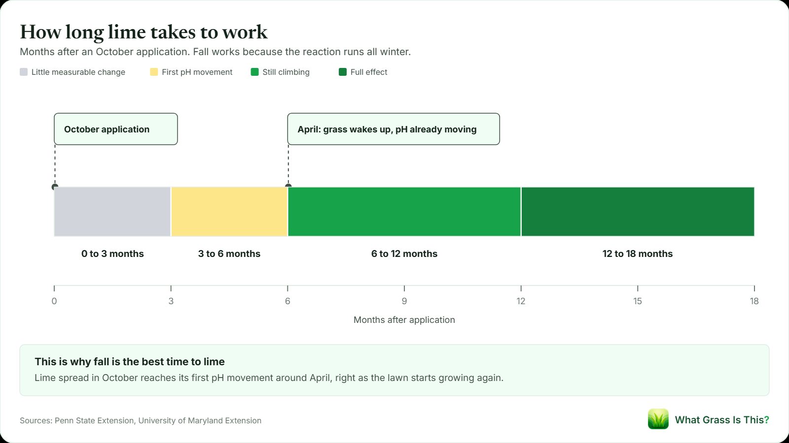 Timeline of how long lime takes to work: little measurable change for the first 3 months, first pH movement at 3 to 6 months, and the full effect landing 12 to 18 months after an October application.