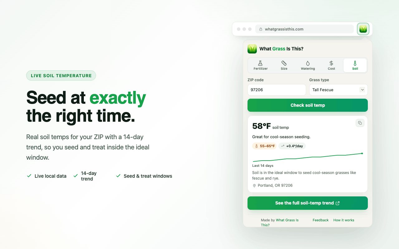 Live soil temperature in the Lawn Care Calculators Chrome extension showing the current ZIP reading and the seeding window