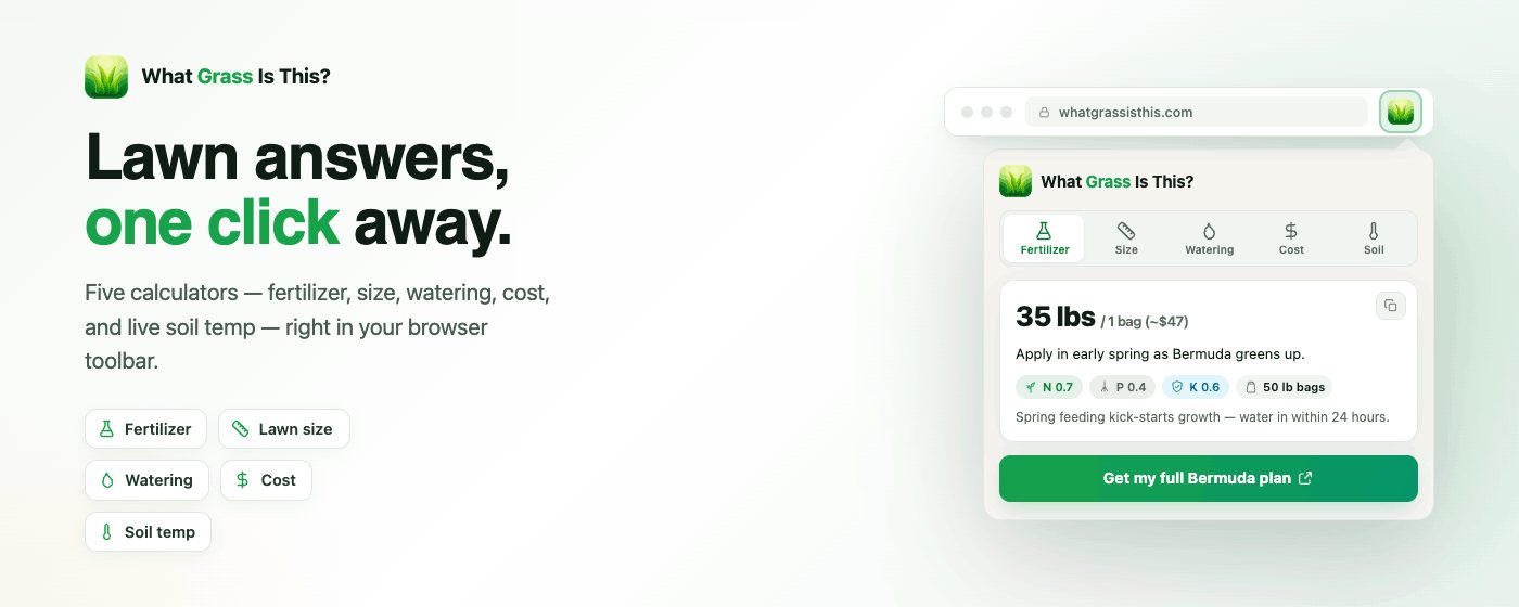 Lawn Care Calculators Chrome extension banner listing fertilizer, lawn size, watering, cost, and live soil temperature